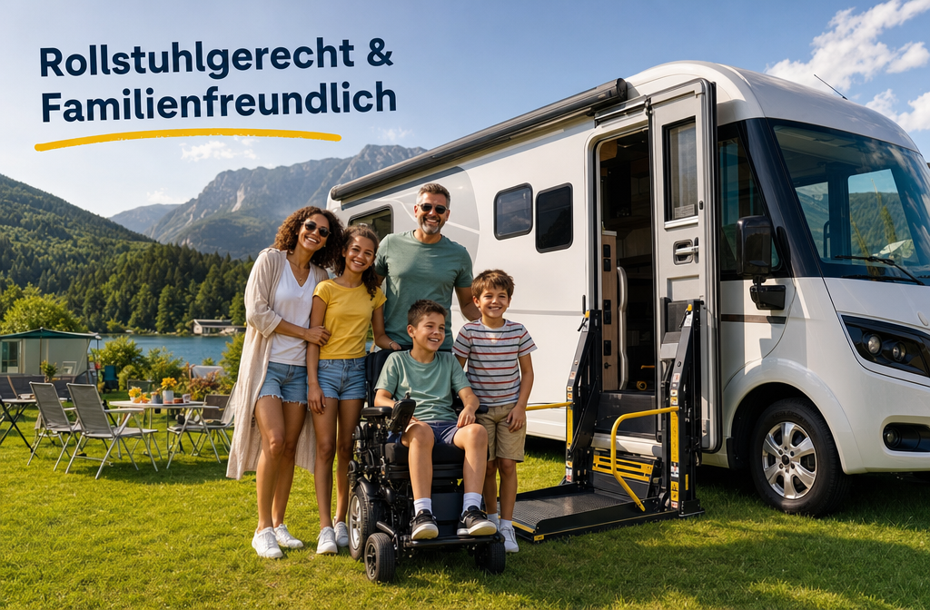 () redactionele foto-stijl afbeelding van een diverse familie — inclusief een kind in een elektrische rolstoel — verzameld buiten een groot
