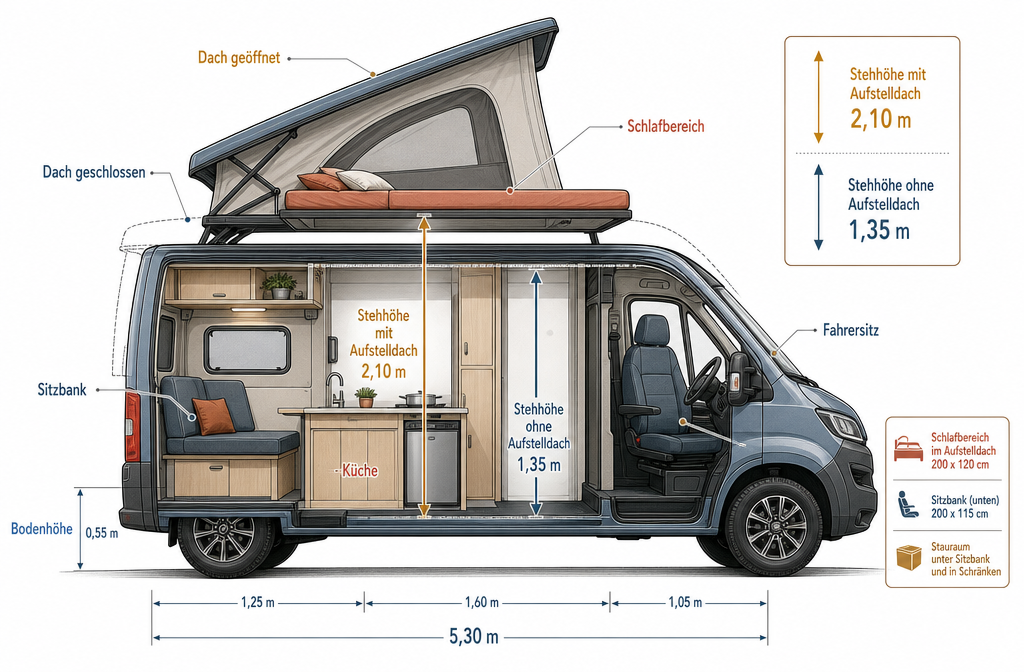 () redactionele illustratie die een doorsnede toont van een campervan met een verhoogd Aufstelldach pop-up dak,