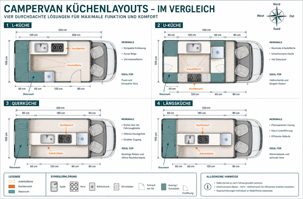 Gedetailleerde plattegrondvergelijking illustratie met architectonische diagrammen van bovenaf van vier campervan keukenindelingen: