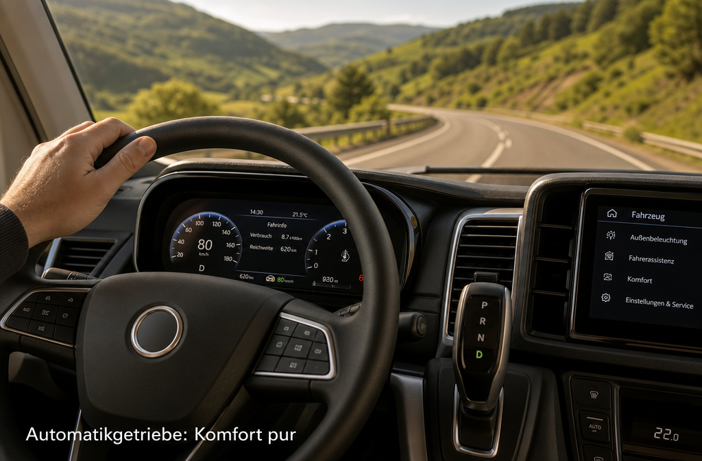 () editorial image showing a close-up interior view of a Wohnmobil dashboard with an automatic gear selector in Drive