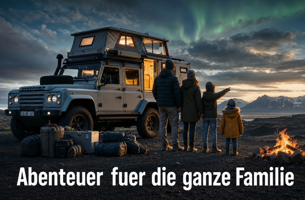 Image éditoriale montrant une famille de quatre personnes debout devant un grand camping-car d'expédition 4x4 garé dans un endroit isolé en Islande.