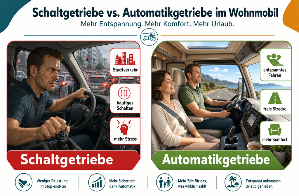 () comparison infographic-style image showing two side-by-side panels: left panel shows a stressed driver gripping a manual