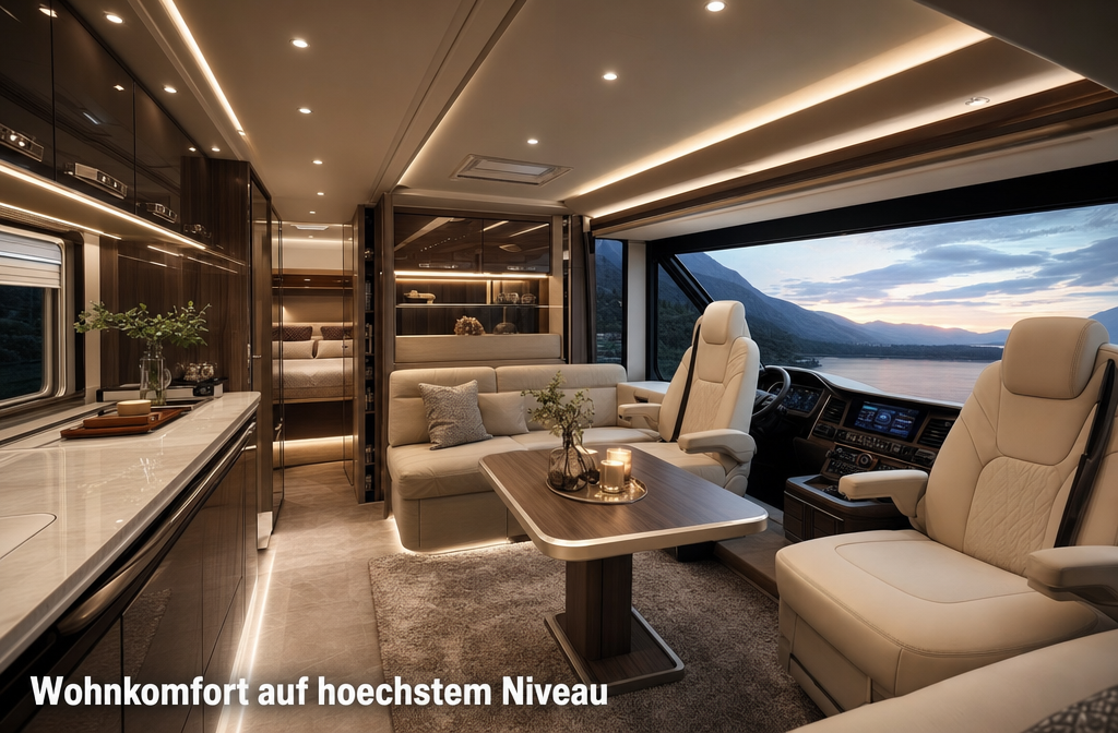 () detailed interior shot of a premium vollintegriertes Wohnmobil cockpit and living area, showing the seamless