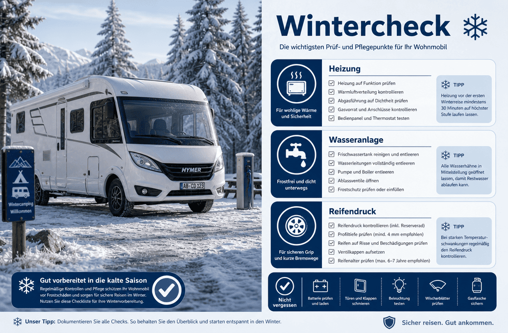 () split-scene comparison infographic showing on the left side a vollintegriertes Wohnmobil parked at a winter campsite with