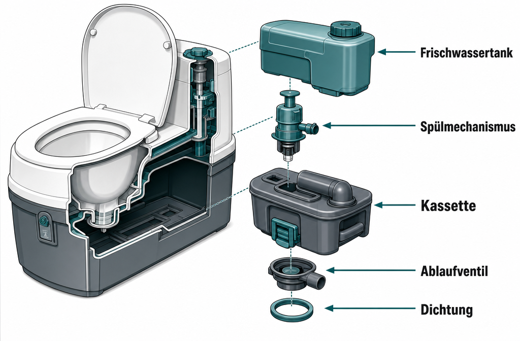 Illustrazione dettagliata in esploso di una toilette a cassetta con sezione trasversale etichettata e annotazioni in tedesco.