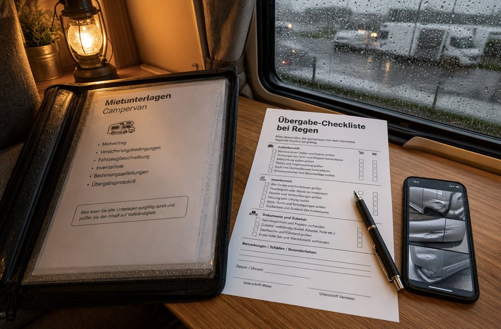 () illustration éditoriale montrant une vue rapprochée en plongée d'une table en bois à l'intérieur d'un camping-car pendant un jour de pluie :