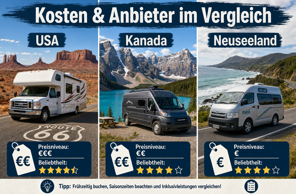 () Image éditoriale comparative de style infographique montrant trois scènes de camping-car côte à côte : le panneau de gauche montre un camping-car de classe C