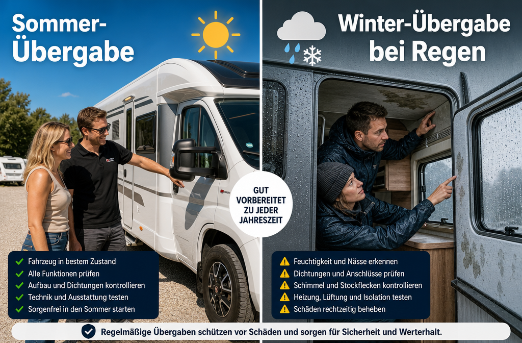 () montrant une comparaison en écran partagé : le côté gauche représente une remise de camping-car en été sous un soleil radieux avec des personnes souriantes