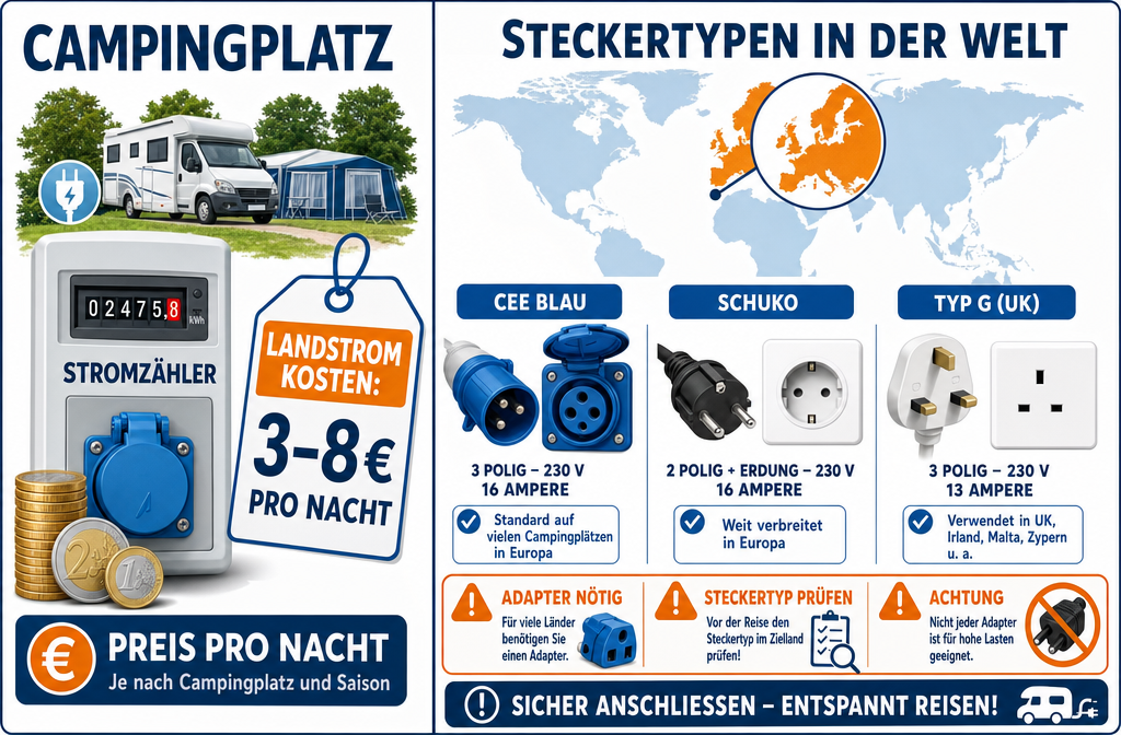 Image infographique détaillée à panneaux divisés : le panneau gauche montre un compteur électrique de camping/Stromzähler avec des pièces en euro et un