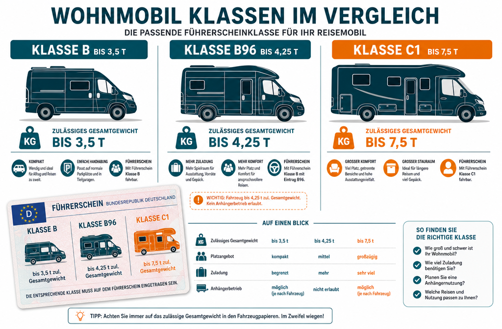Illustration détaillée de style infographique présentant une comparaison côte à côte de trois tailles de fourgons aménagés, étiquetées "Classe B jusqu''