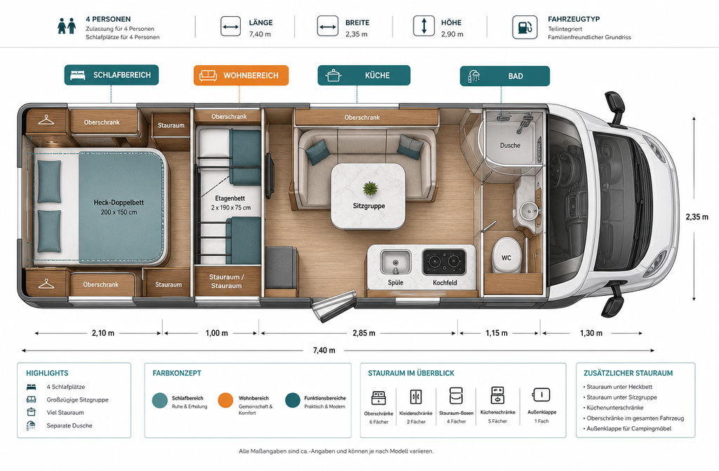 Illustration détaillée du plan d'aménagement intérieur d'un camping-car semi-intégré moderne pour quatre personnes, montrant les zones étiquetées dans