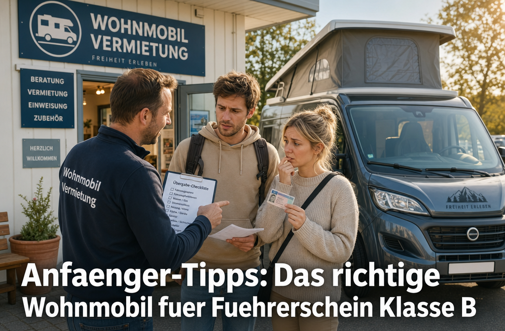 Gros plan () montrant un couple de campeurs novices à l'air nerveux se tenant à côté d'un camping-car compact dans une station de location.