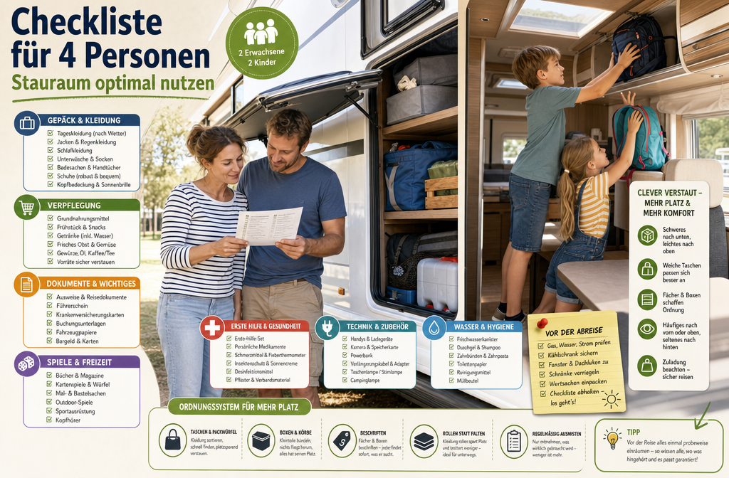 Infographie détaillée sous forme de liste de contrôle montrant une famille de quatre personnes préparant et faisant leurs bagages pour un voyage en camping-car.