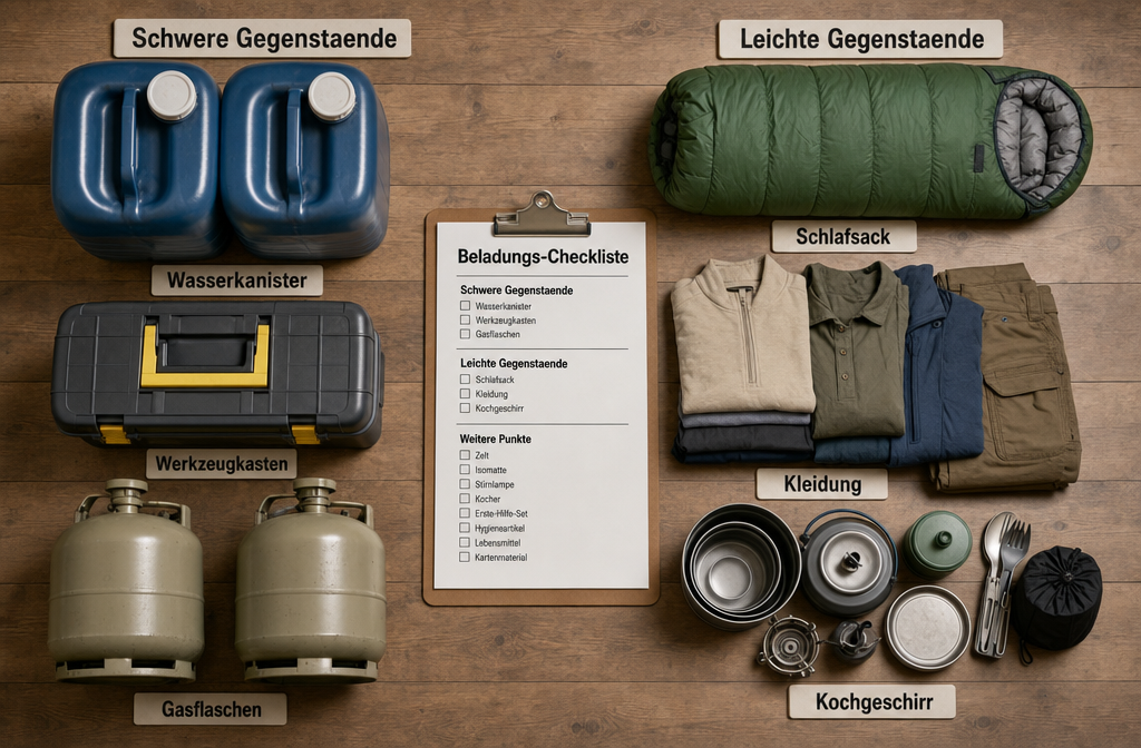 Vue détaillée () en plan俯俯 vue des équipements de camping organisés par catégorie de poids sur un plancher en bois : objets lourds