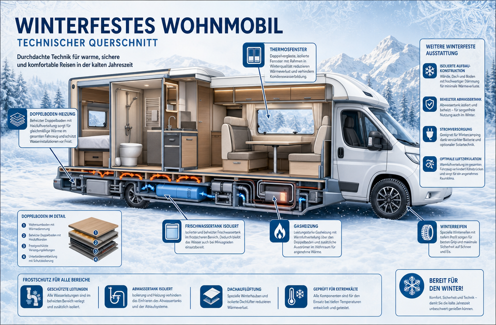 Illustration détaillée de style infographique montrant une coupe transversale d'un camping-car résistant à l'hiver avec des légendes en allemand.