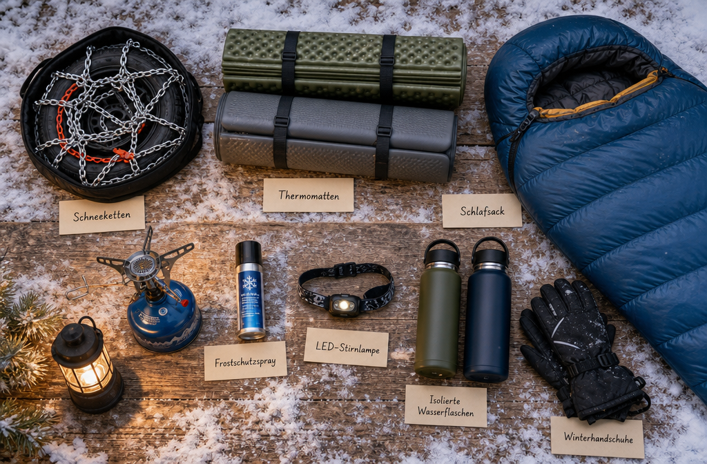 Photographie de produit à plat, vue de dessus, sur une surface en bois enneigée, présentant une disposition d'articles essentiels pour le camping d'hiver