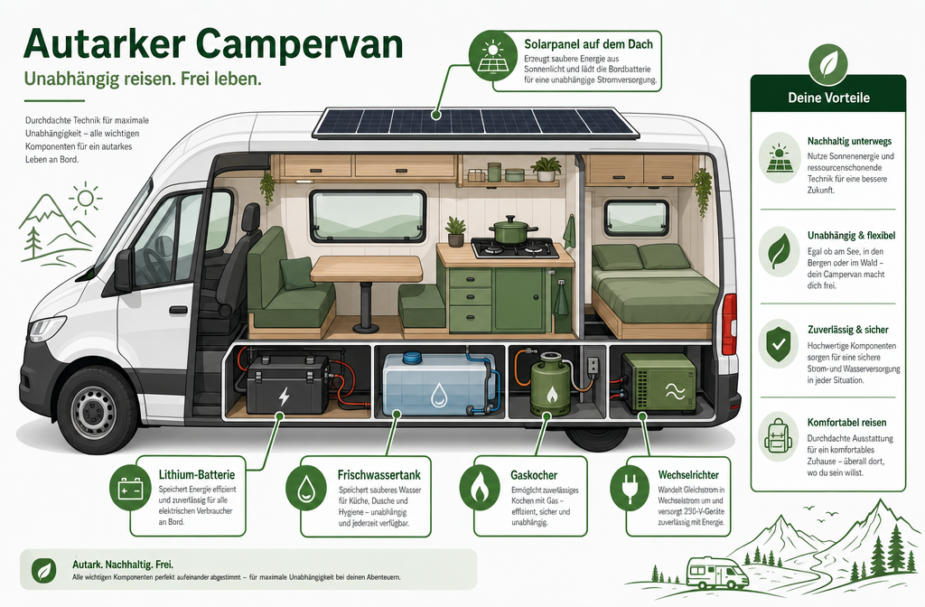 Illustration détaillée de style infographique () montrant les composants clés d'une installation de camping-car autonome : un schéma en coupe d'un