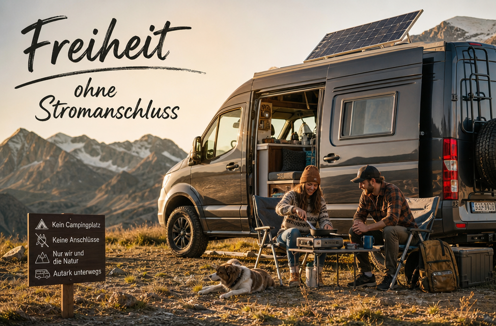 Photo détaillée () montrant un couple de campeurs assis à l'extérieur de leur camping-car de location dans un endroit sauvage et isolé — pas de camping.