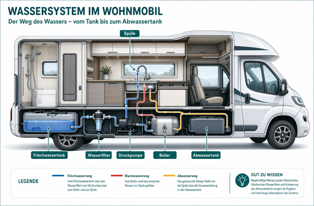 Detailed () infographic-style illustration showing a cutaway cross-section of a Wohnmobil (campervan) with labeled German