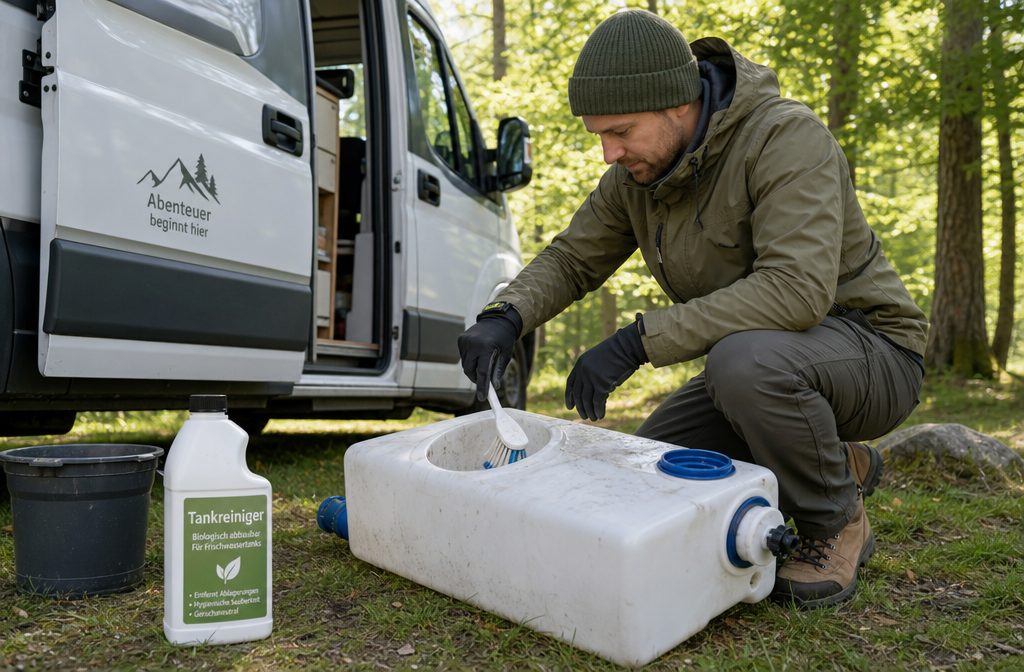 () showing a person in outdoor camping clothes cleaning and sanitizing a white plastic Wohnmobil freshwater tank outdoors