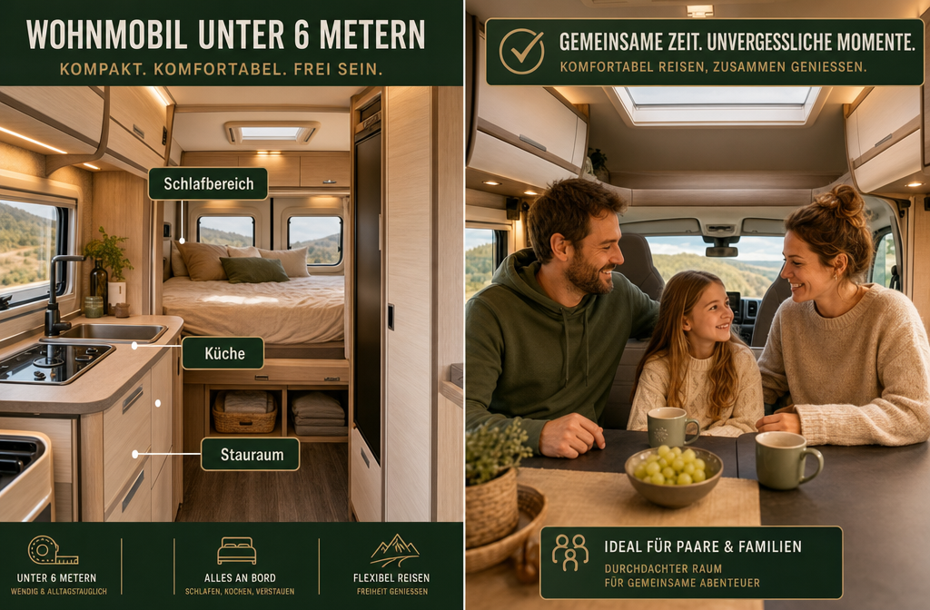 () split-screen comparison infographic showing interior of a compact Wohnmobil unter 6 Metern on the left with labeled