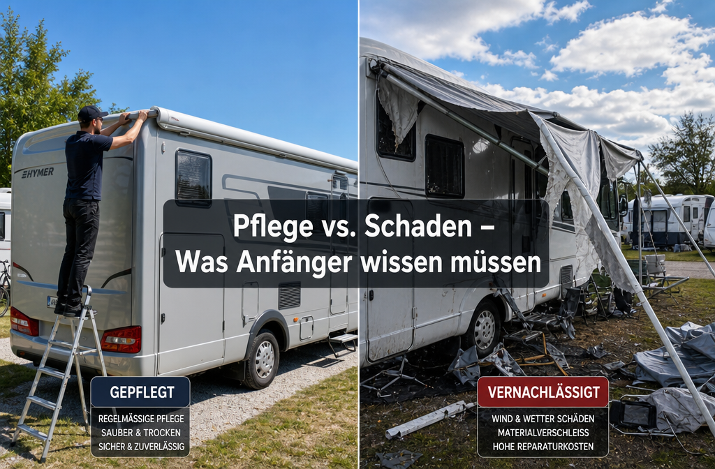 () afbeelding met gesplitste compositie: de linkerkant toont een schone, droge luifel die netjes wordt opgerold op het dak van een camper, de rechterkant toont