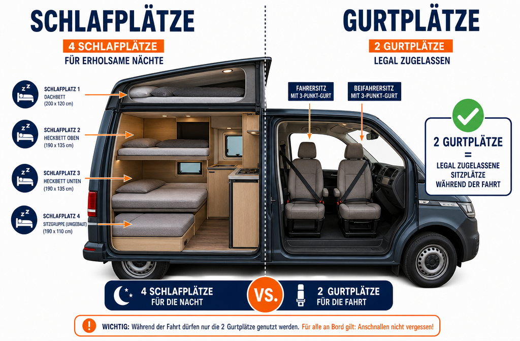 () editorial infographic illustration showing a split-view cross-section of a campervan interior: left side labeled