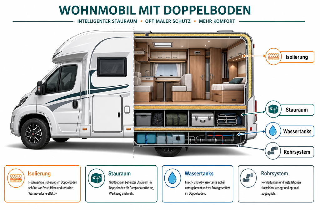 () cutaway technical illustration of a motorhome double floor cross-section, showing labeled layers in German: 'Insulation'