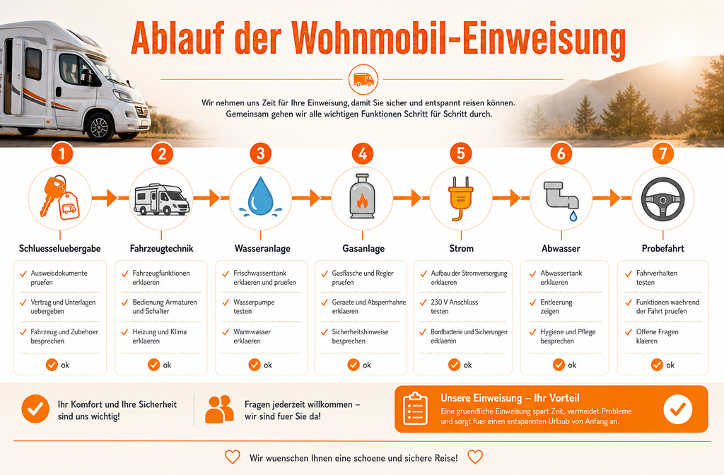 () editorial illustration showing a detailed timeline infographic with German labels: 'Motorhome Instruction Process'