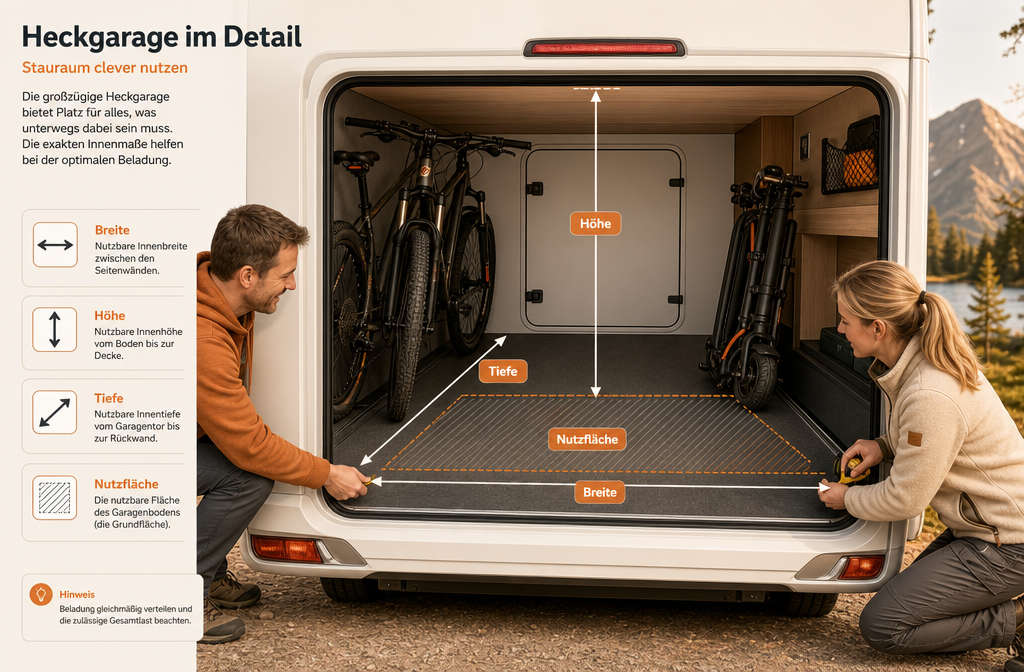 Editorial illustration showing a cross-section diagram of a campervan rear garage (Heckgarage) with German labels.