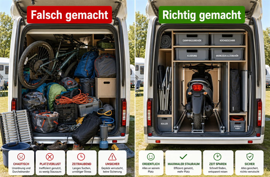 () split-scene image: left side shows a cramped, disorganized campervan rear garage with gear spilling out and a mountain