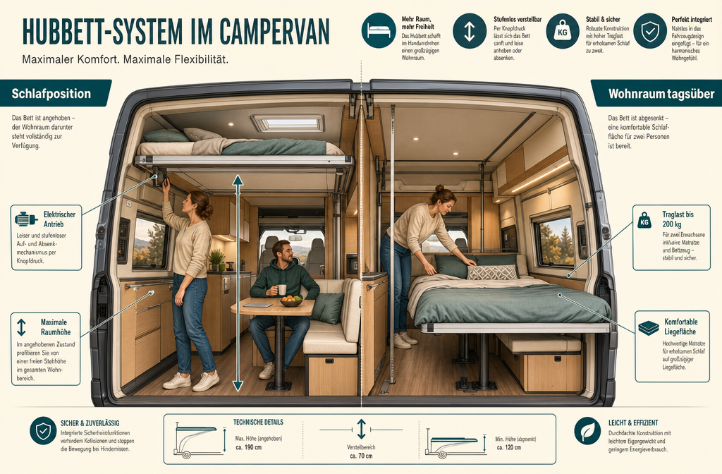 Detailed infographic-style illustration showing a cross-section cutaway of a campervan interior with a Hubbett (lift bed).