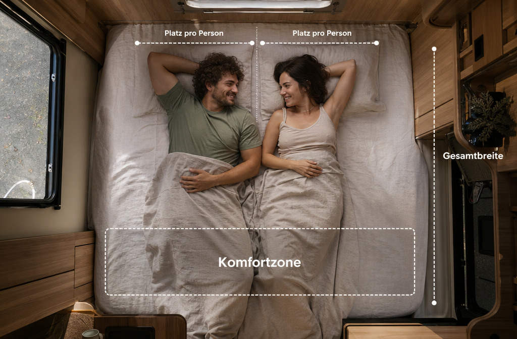 Bird's-eye view of a couple lying side by side on a wide campervan bed, viewed from directly above, showing each person's