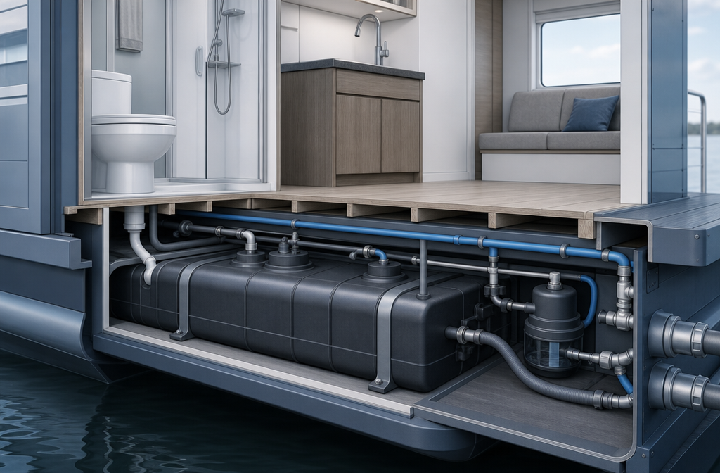 Close-up tværsnit illustration af et husbådinteriør, der viser VVS-system med tank, pump-ud-tilslutninger,