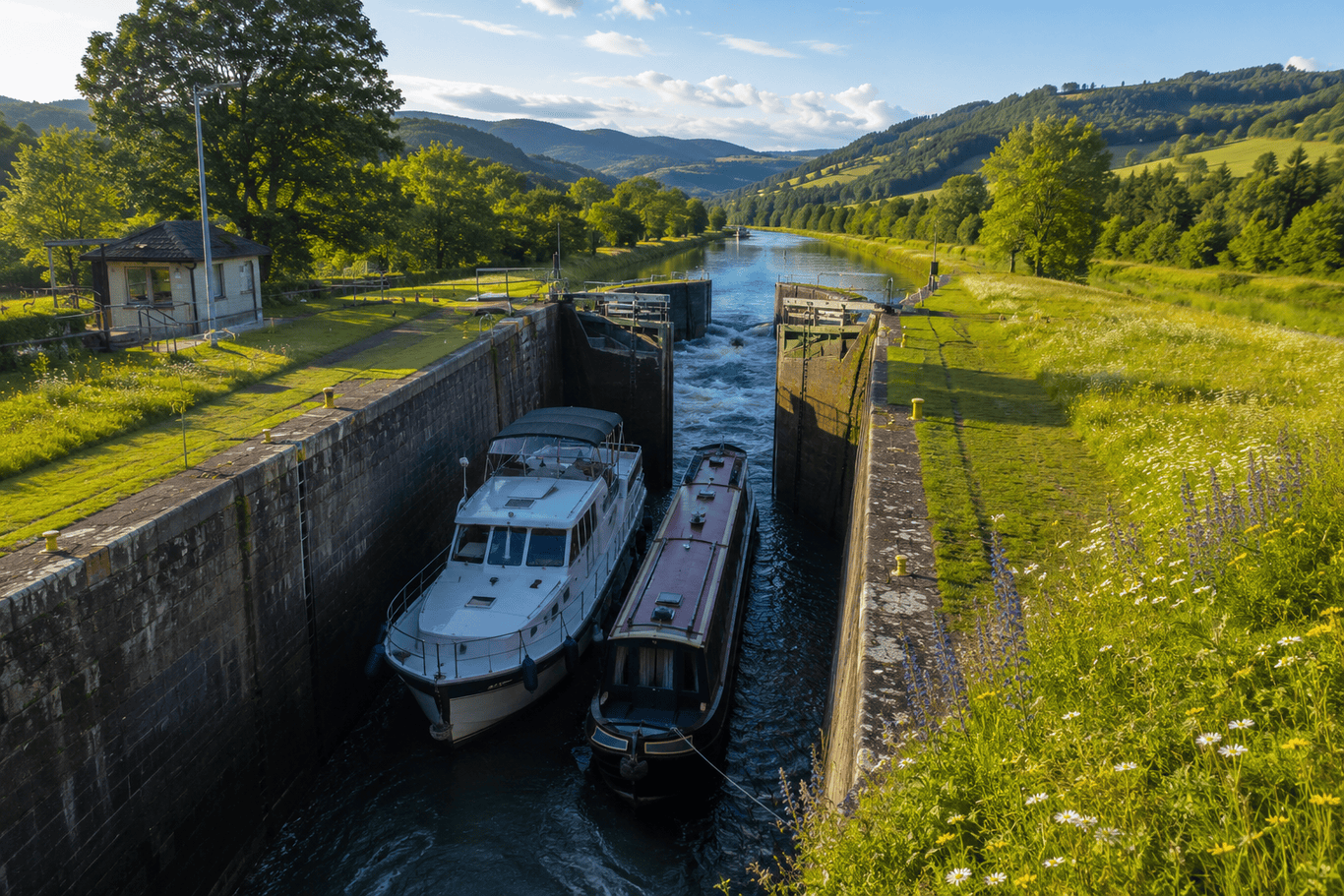 Wide-angle aerial view looking down into an open lock chamber on the Rhine-Main-Danube Canal, a white motorboat and a