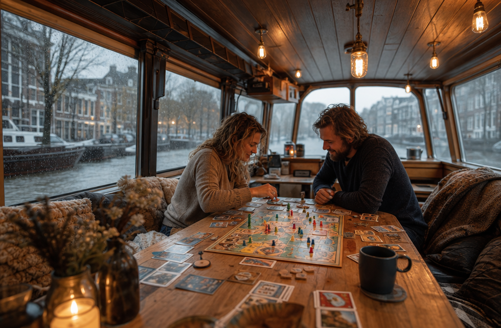 Wide-angle interior shot of a houseboat saloon on a grey rainy day, two adults playing a colourful board game at a teak