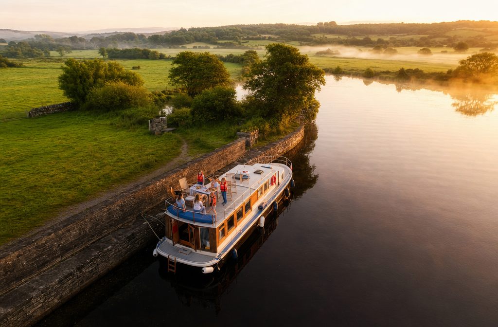Aerial wide-angle view of a family houseboat moored at a traditional Irish stone quay along the River Shannon, children