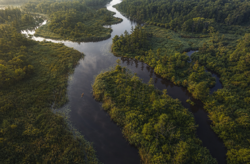 Bredt luftfoto med drone af Peene-floden, der snor sig gennem store sivområder og urskov i det nordlige