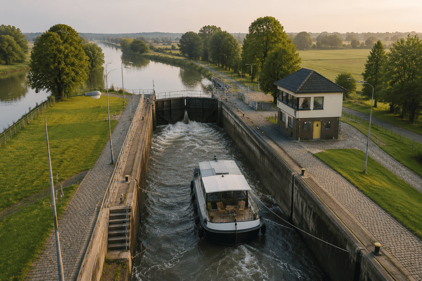 Large perspective aérienne d'un système d'écluses en Allemagne montrant la chambre d'écluse se remplissant d'eau, un houseboat amarré
