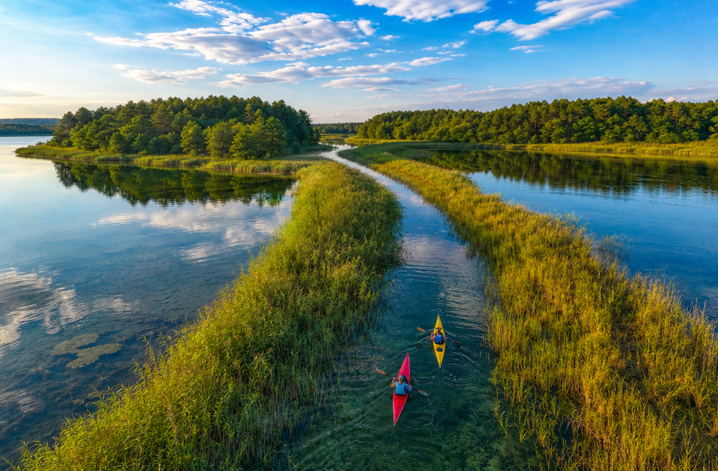 Aerial perspective () image showing two kayakers paddling through a narrow reed-lined canal connecting two shimmering lakes